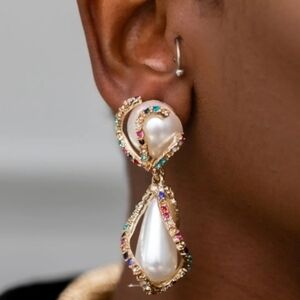 Zara Elegant Gold Pearl Drop Earrings with Multicolor Accents